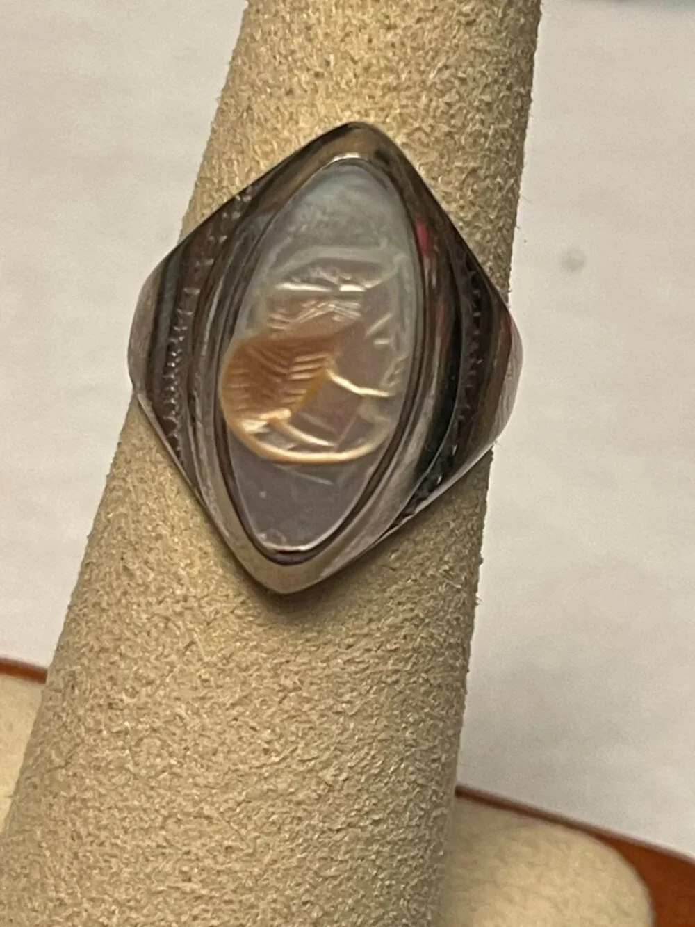 Vintage Silver Signet Ring With Carved Hardstone Intaglio Cameo Woman Right Faci